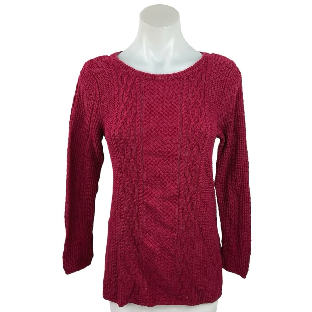 Jeanne Pierre Women Cotton Red Cable Knit Sweater Long Sleeve Pullover Size S